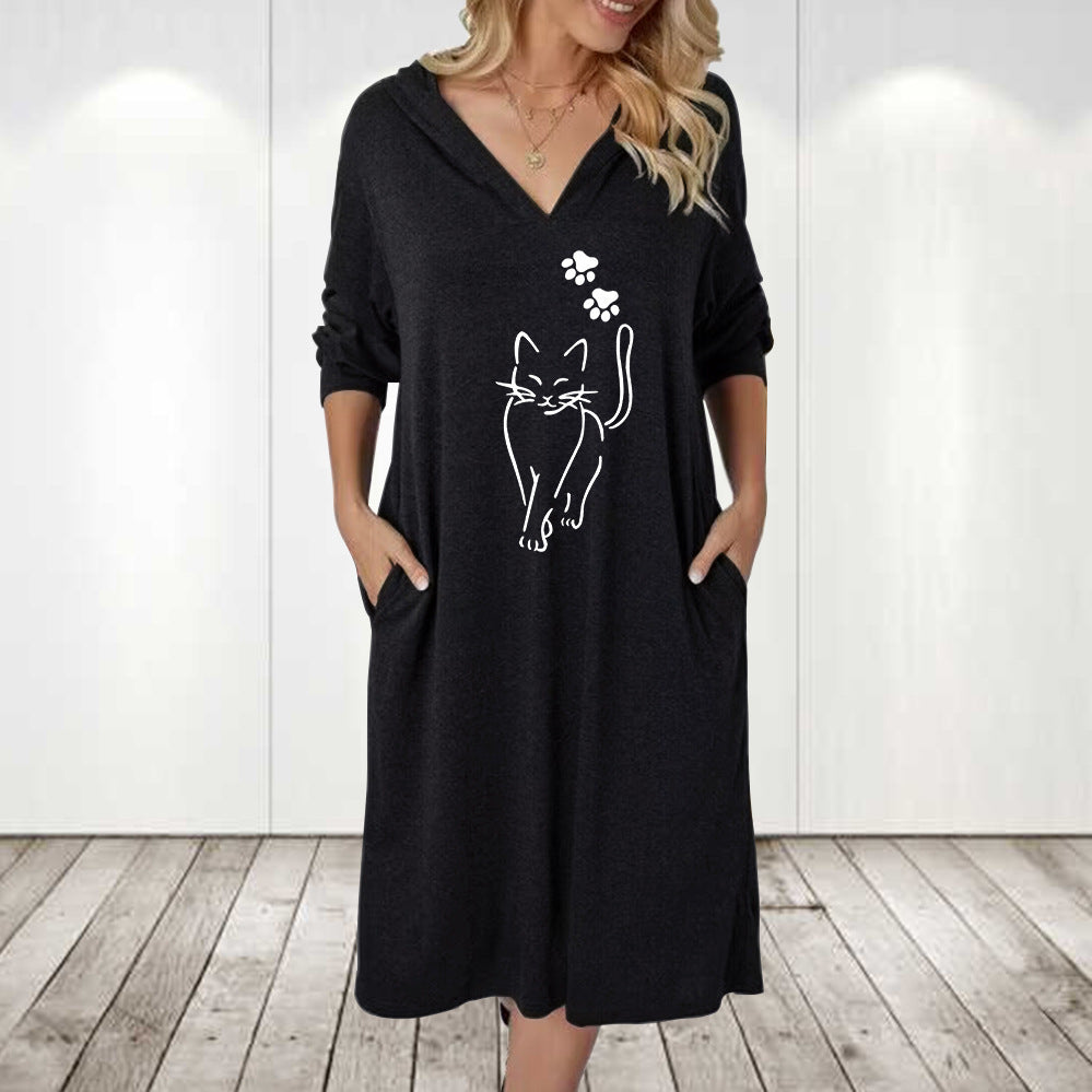 Damer hoodie klänning med söt kattmotiv och praktiska fickor Eva Jonsson-Eva Jonsson