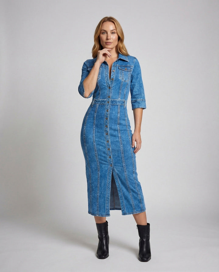 Damer jeans midiklänning med knapplista-Eva Jonsson
