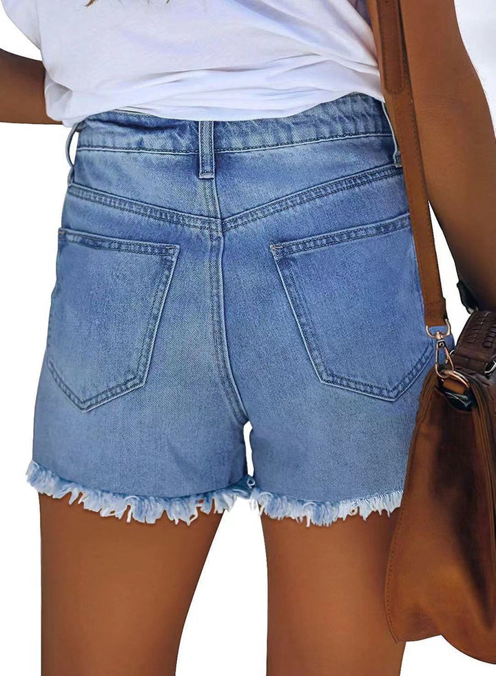 Damer jeans-shorts med modernt stjärnor-och-ränder-mönster och fransiga detaljer Eva Jonsson-Eva Jonsson