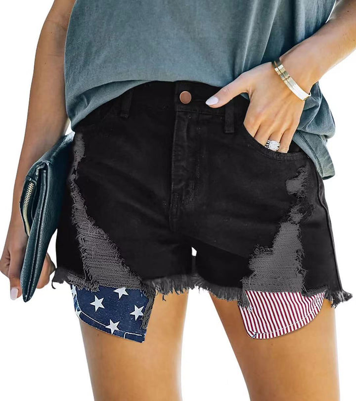 Damer jeans-shorts med modernt stjärnor-och-ränder-mönster och fransiga detaljer Eva Jonsson-Eva Jonsson