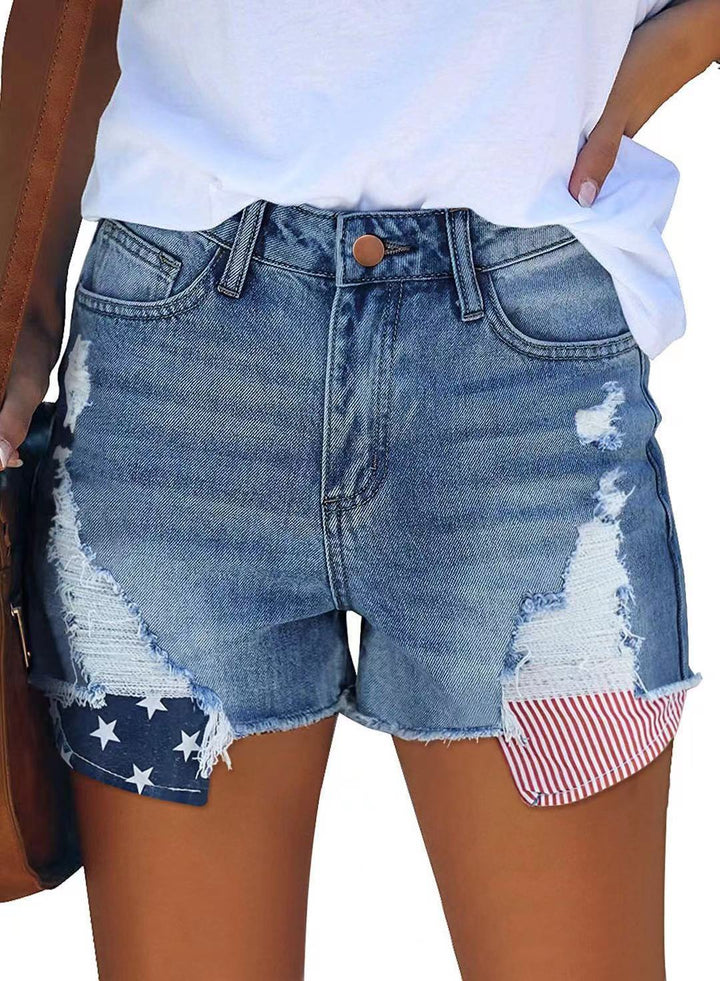 Damer jeans-shorts med modernt stjärnor-och-ränder-mönster och fransiga detaljer Eva Jonsson-Eva Jonsson