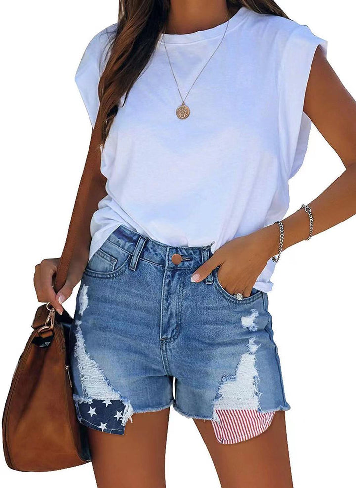 Damer jeans-shorts med modernt stjärnor-och-ränder-mönster och fransiga detaljer Eva Jonsson-Eva Jonsson