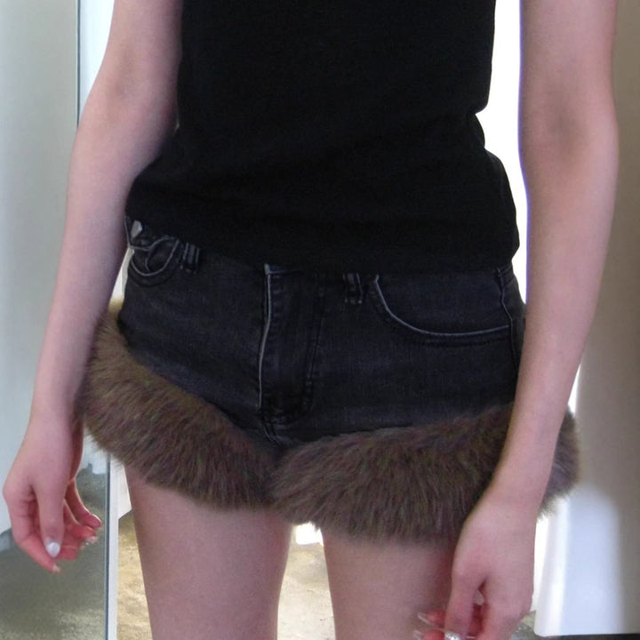 Damer jeansshorts med lyxig konstpälskant Mirla-Eva Jonsson