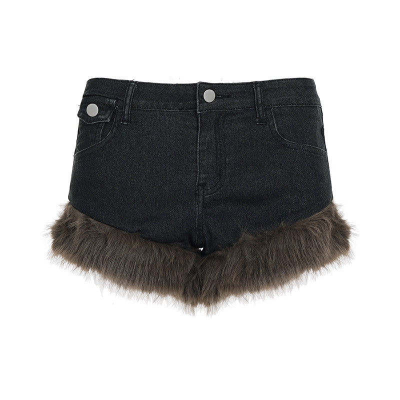 Damer jeansshorts med lyxig konstpälskant Mirla-Eva Jonsson