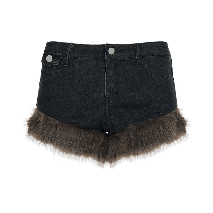 Damer jeansshorts med lyxig konstpälskant Mirla-Eva Jonsson