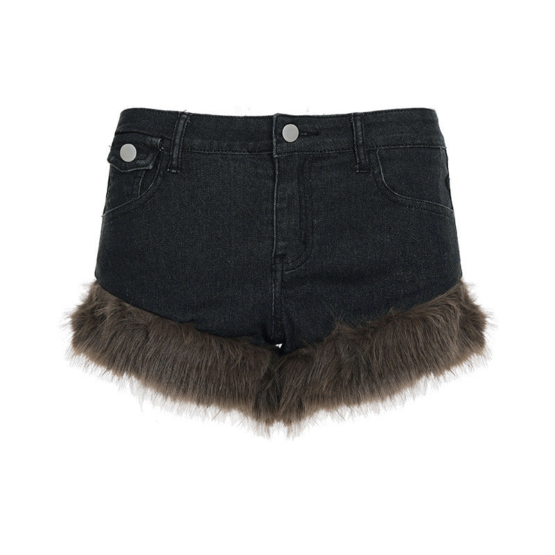 Damer jeansshorts med lyxig konstpälskant Mirla-Eva Jonsson