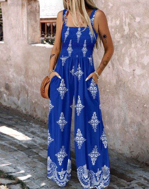 Damer jumpsuit med elastisk midjeband och blommiga dekorationer Mirla-Eva Jonsson