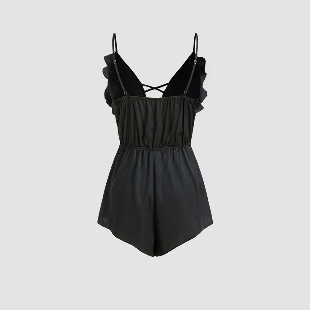 Damer jumpsuit med volang och djup V-hals Mirla-Eva Jonsson