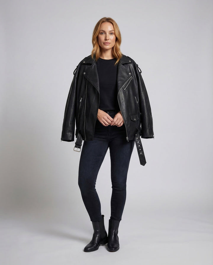 Damer konstläder bikerjacka oversized-Eva Jonsson