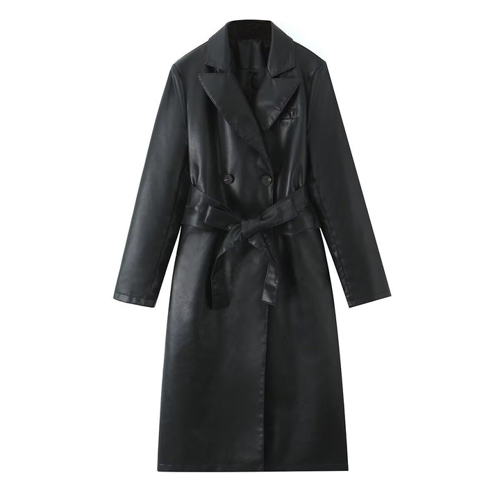 Damer konstläder trenchcoat med figursydd bälte och dubbel knapprad Mirla-Eva Jonsson