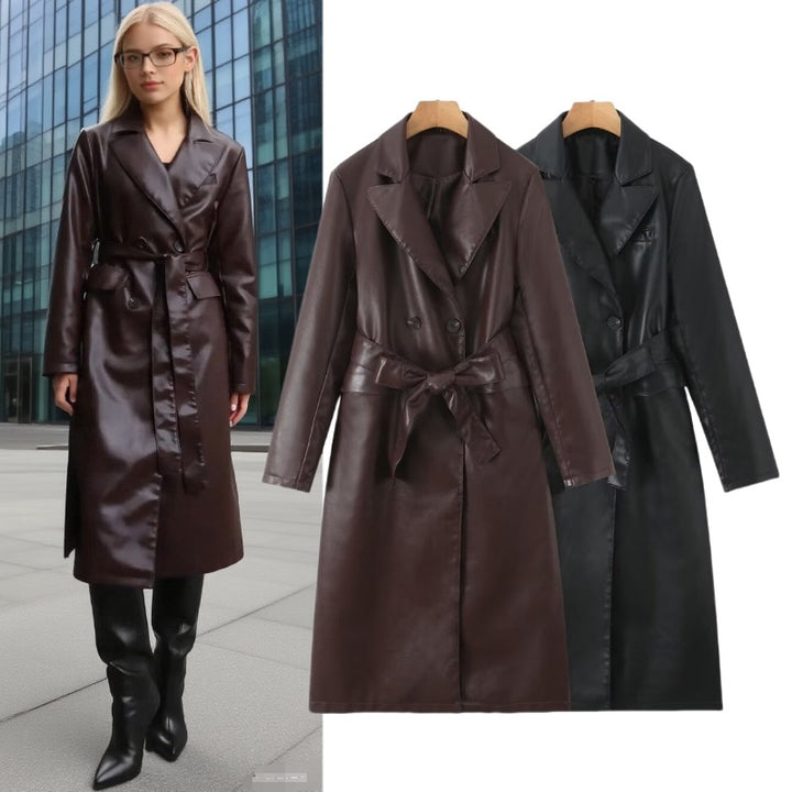 Damer konstläder trenchcoat med figursydd bälte och dubbel knapprad Mirla-Eva Jonsson