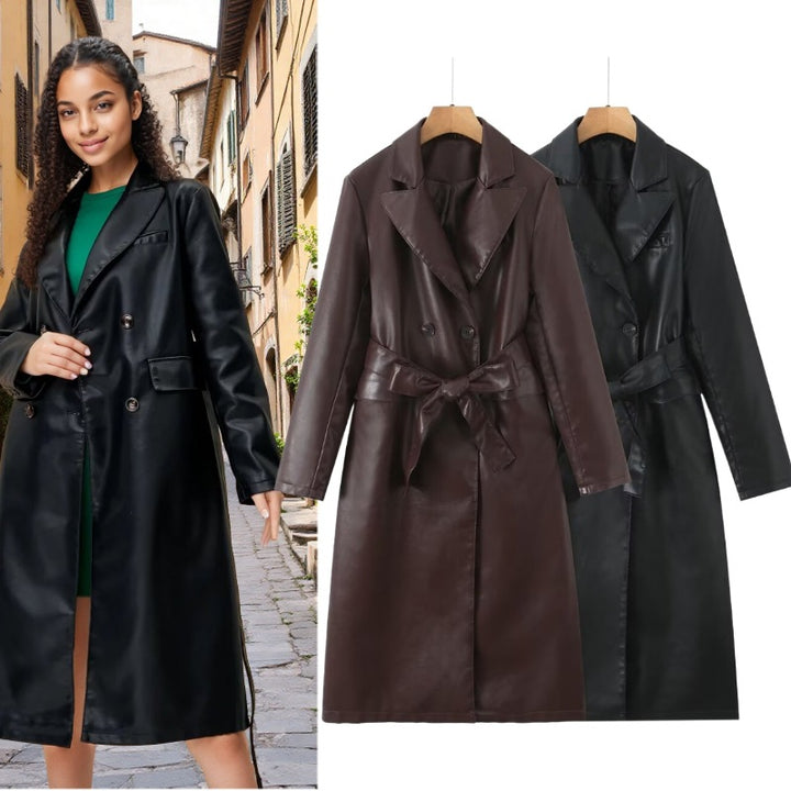 Damer konstläder trenchcoat med midjebälte och elegant ficksydd Mirla-Eva Jonsson