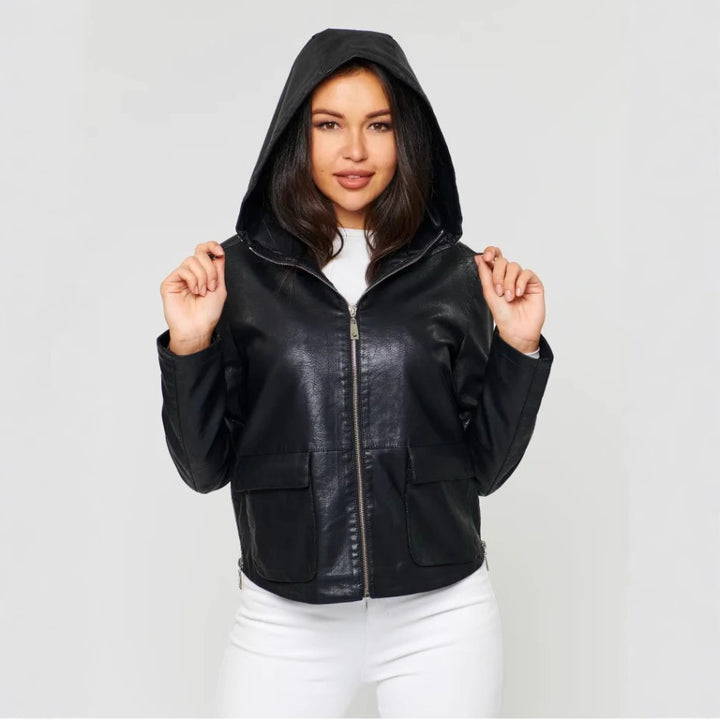 Damer konstläderjacka med ansluten hoodie och praktiska fickor Eva Jonsson-Eva Jonsson