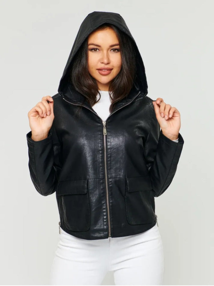 Damer konstläderjacka med ansluten hoodie och praktiska fickor Eva Jonsson-Eva Jonsson