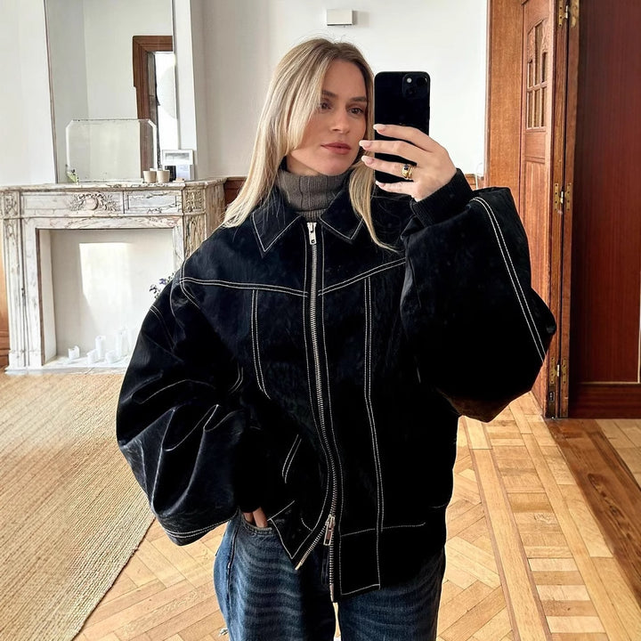 Damer konstläderjacka med avslappnad passform och elastisk nederkant Mirla-Eva Jonsson