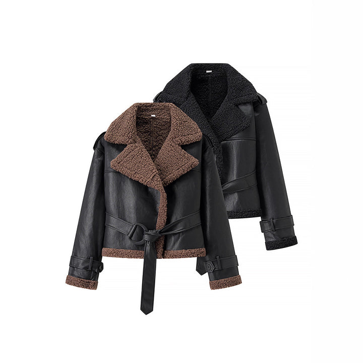 Damer konstläderjacka med mysigt teddyfoder och midjeformande bälte Mirla-Eva Jonsson