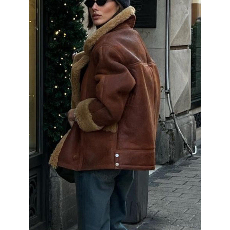 Damer konstpäls läderjacka med avslappnad oversized skärning Eva Jonsson-Eva Jonsson