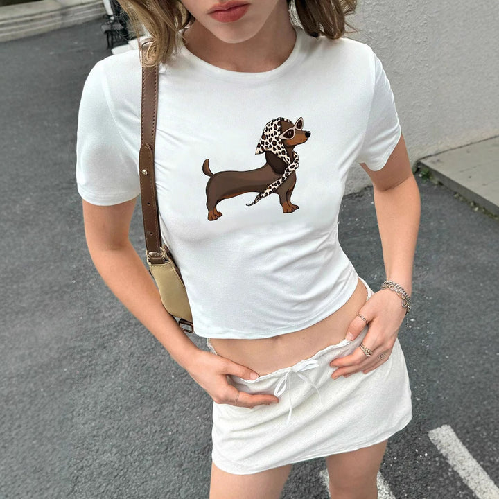 Damer kortärmad T-shirt med konstnärligt hundmotiv Mirla-Eva Jonsson