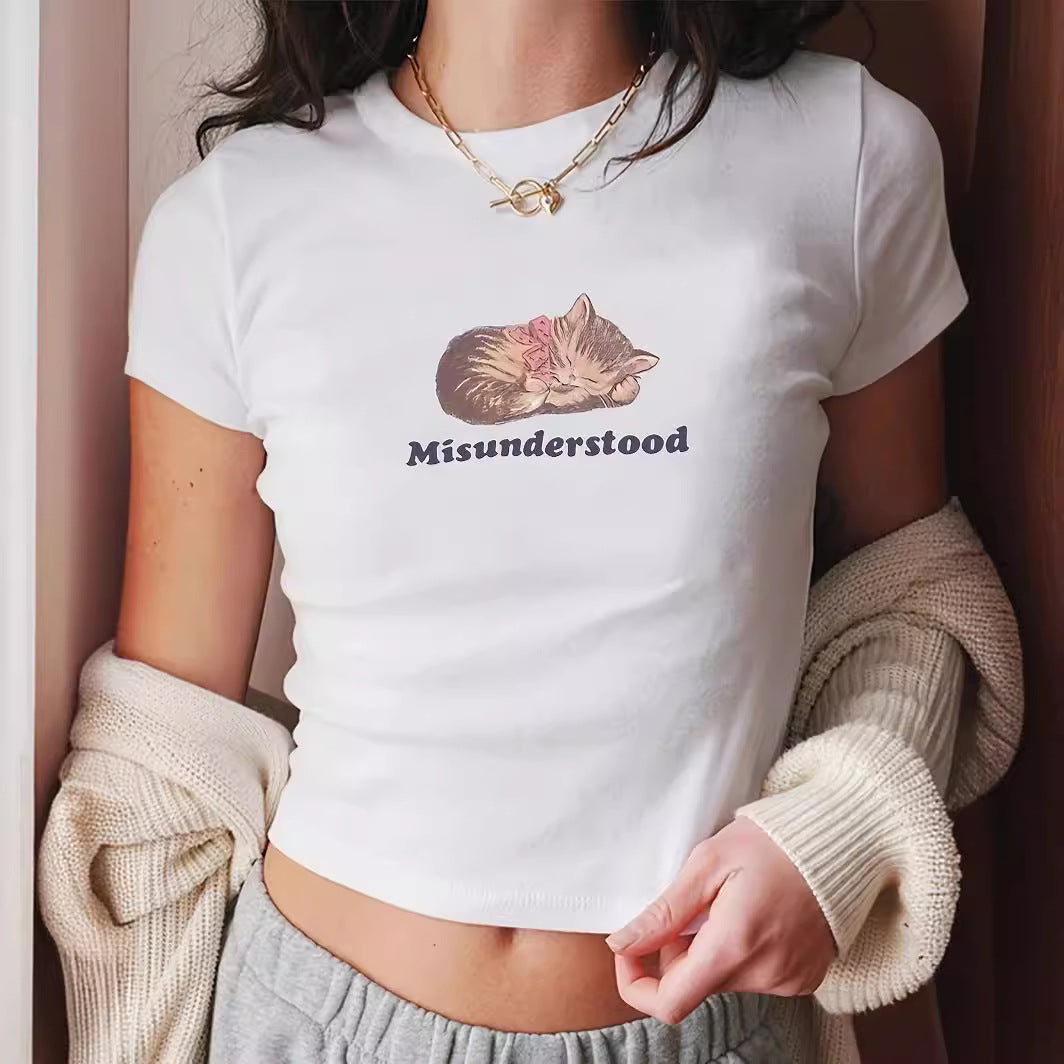 Damer kortärmad T-shirt med tryckt läppmotiv Mirla-Eva Jonsson