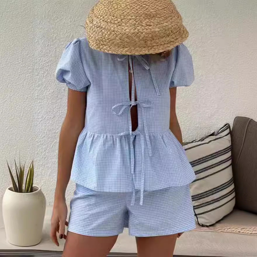 Damer kortärmad blus med ruffles detaljer och knytband Eva Jonsson-Eva Jonsson