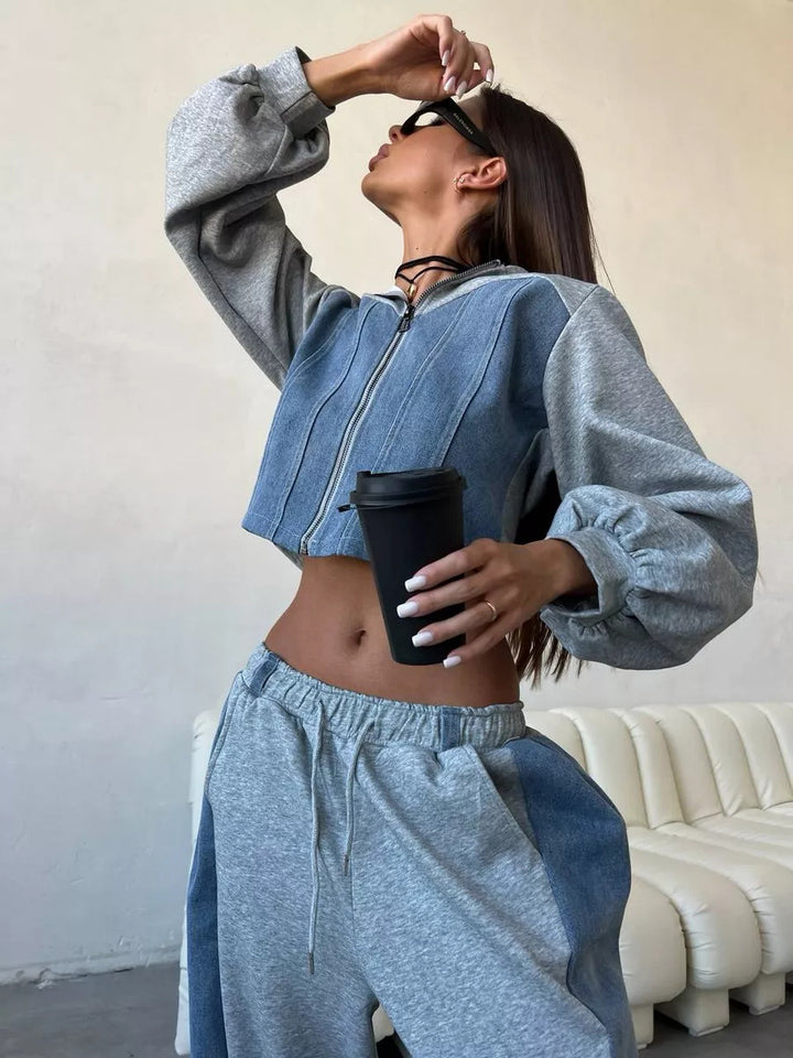 Damer kortärmad sweatshirt jacka med ballongformade ärmar och joggare set Mirla-Eva Jonsson