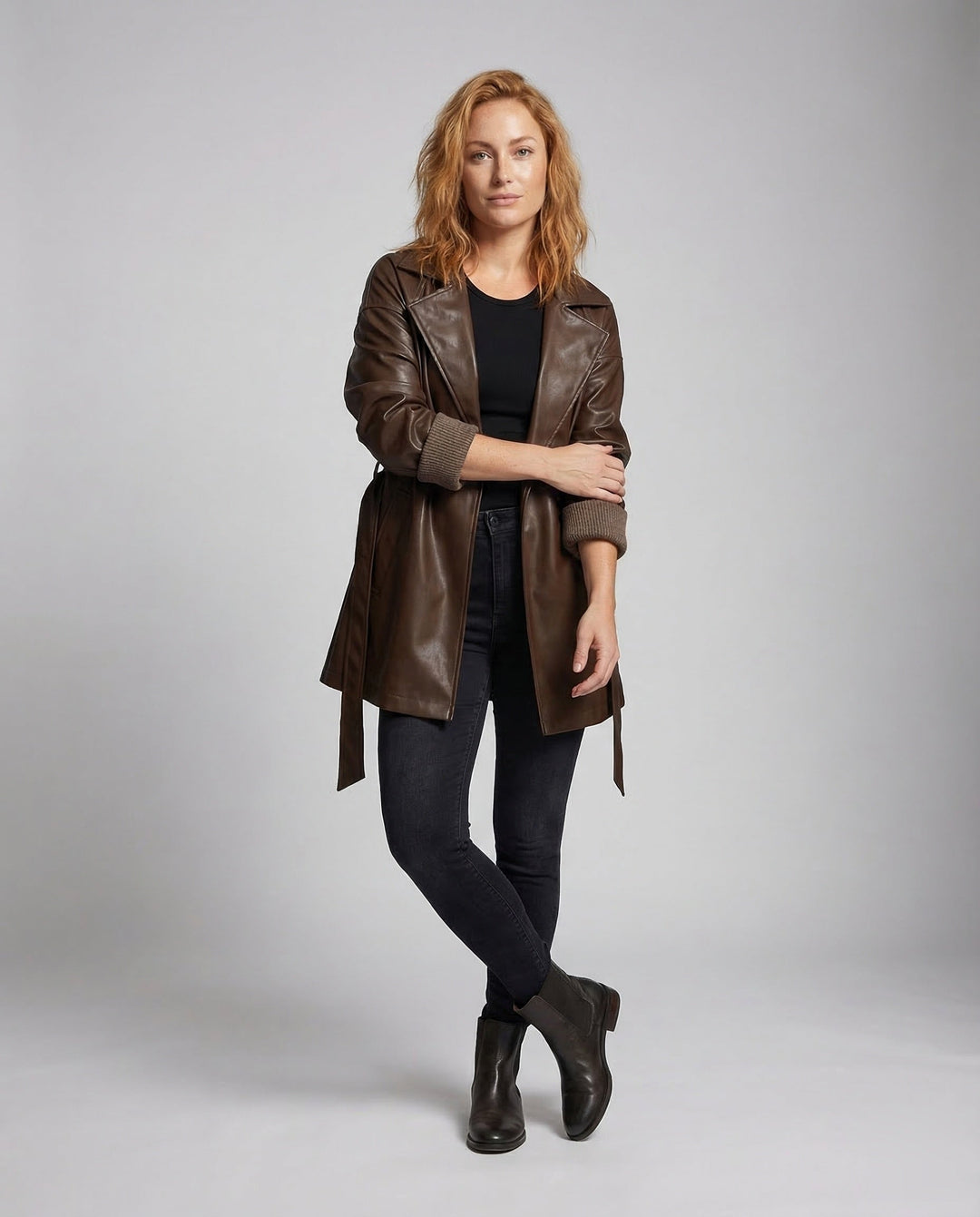 Damer läder trench kort-Eva Jonsson