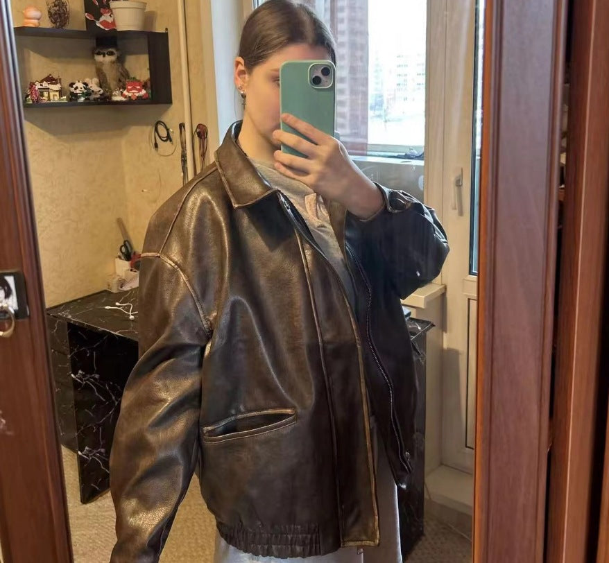 Damer läderjacka i vintage-stil med avslappnad passform Mirla-Eva Jonsson