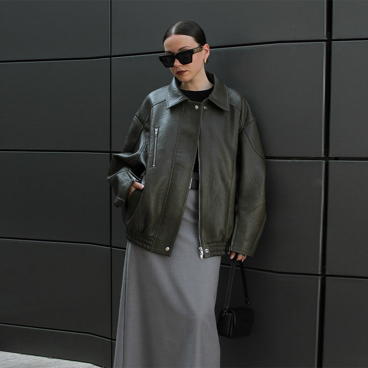 Damer läderjacka med avslappnad oversized passform Mirla-Eva Jonsson