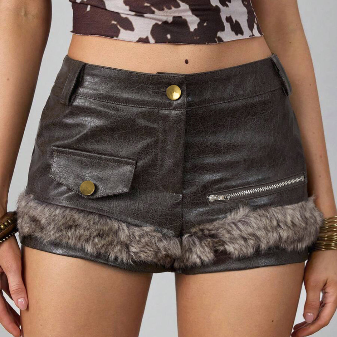 Damer lädershorts med konstpälsdetalj Mirla-Eva Jonsson