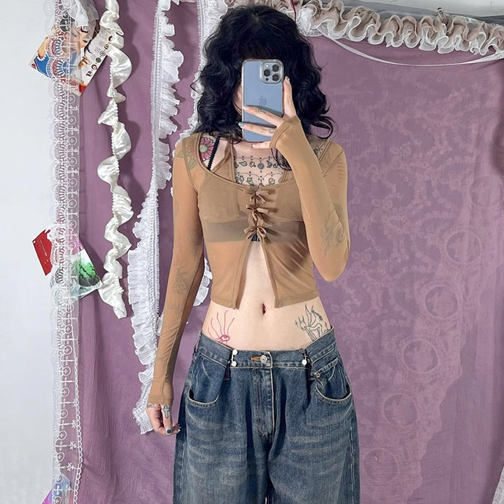 Damer lång ärm mesh-blus med justerbar knut-design Mirla-Eva Jonsson