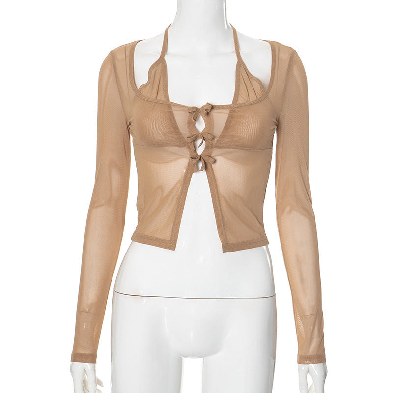 Damer lång ärm mesh-blus med justerbar knut-design Mirla-Eva Jonsson
