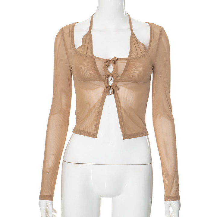 Damer lång ärm mesh-blus med justerbar knut-design Mirla-Eva Jonsson