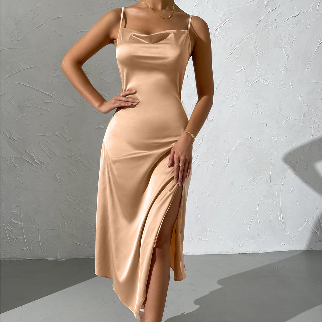 Damer lång satin-klänning med sensuell slits Eva Jonsson-Eva Jonsson