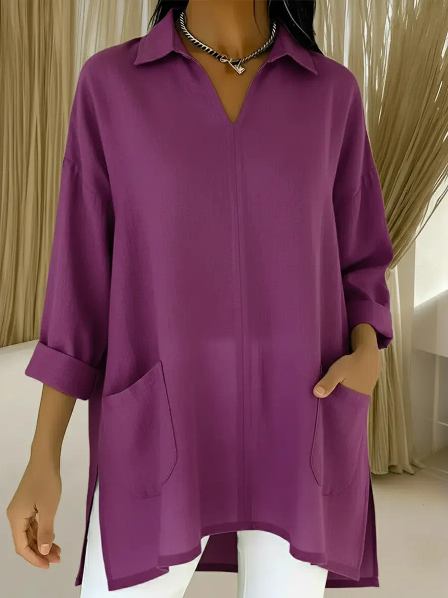 Damer långärmad blus med elegant V-ringning och praktiska fickor Mirla-Eva Jonsson
