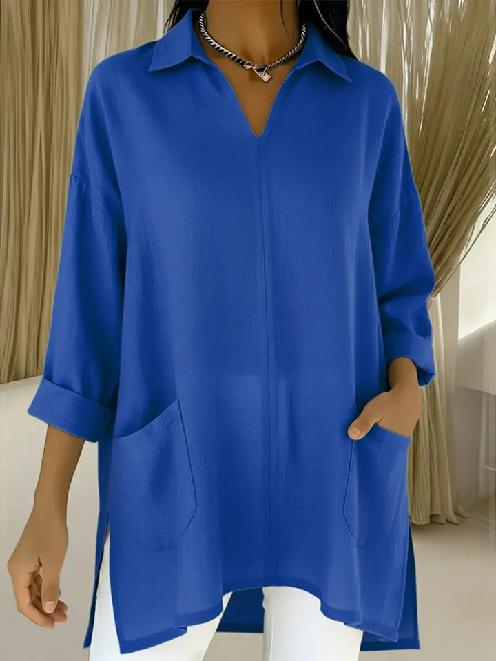 Damer långärmad blus med elegant V-ringning och praktiska fickor Mirla-Eva Jonsson