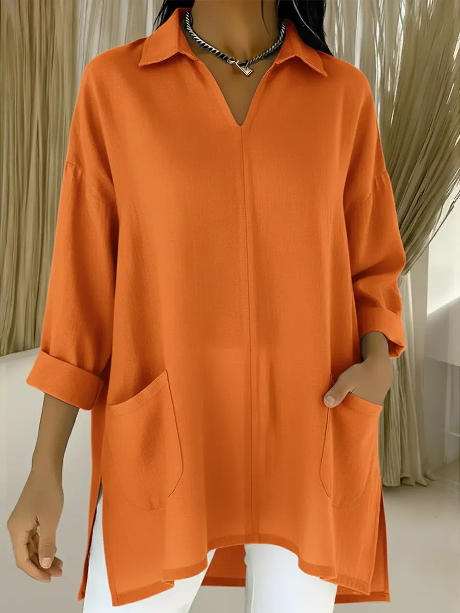 Damer långärmad blus med elegant V-ringning och praktiska fickor Mirla-Eva Jonsson