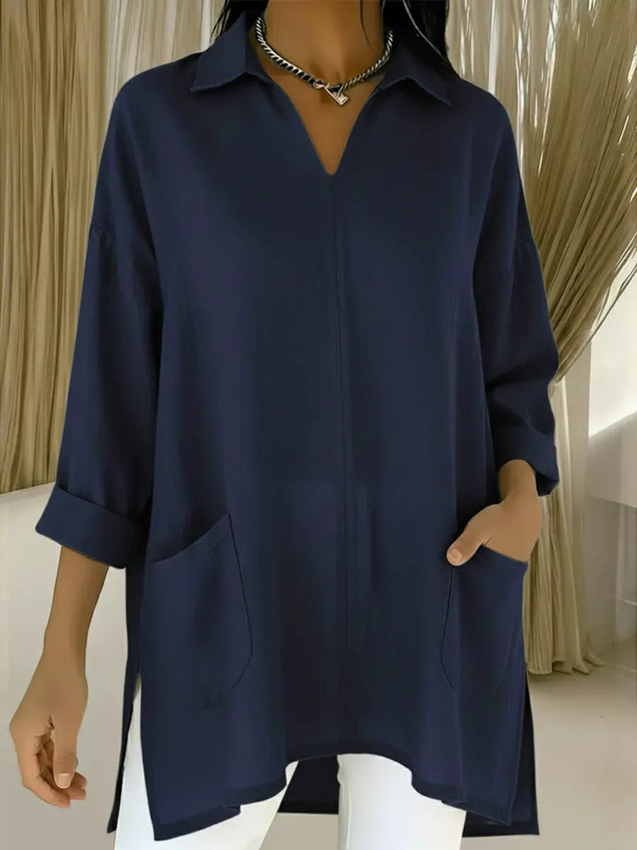 Damer långärmad blus med elegant V-ringning och praktiska fickor Mirla-Eva Jonsson