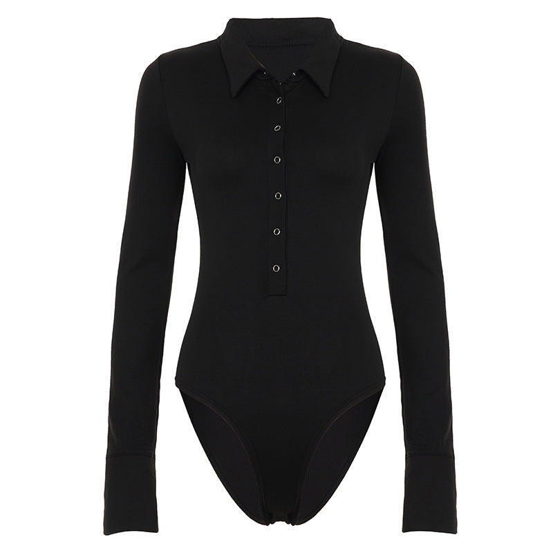 Damer långärmad bodysuit med elegant krage och hel knapplist Mirla-Eva Jonsson
