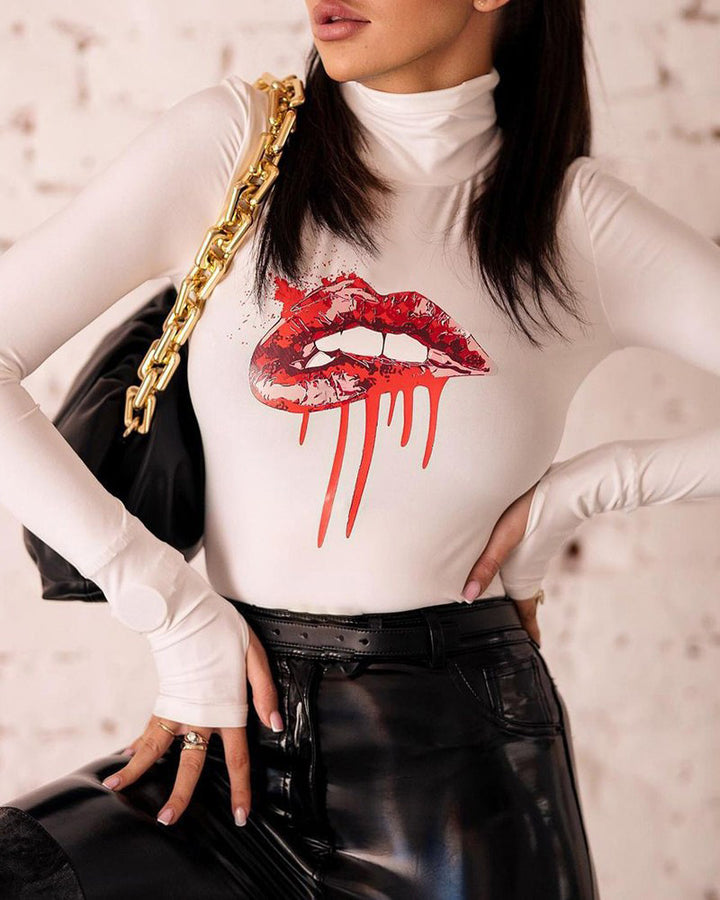 Damer långärmad bodysuit med kreativ läppmotiv Eva Jonsson-Eva Jonsson
