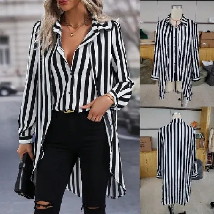 Damer långärmad skjortblus i modern randig stil med asymmetrisk skärning Mirla-Eva Jonsson