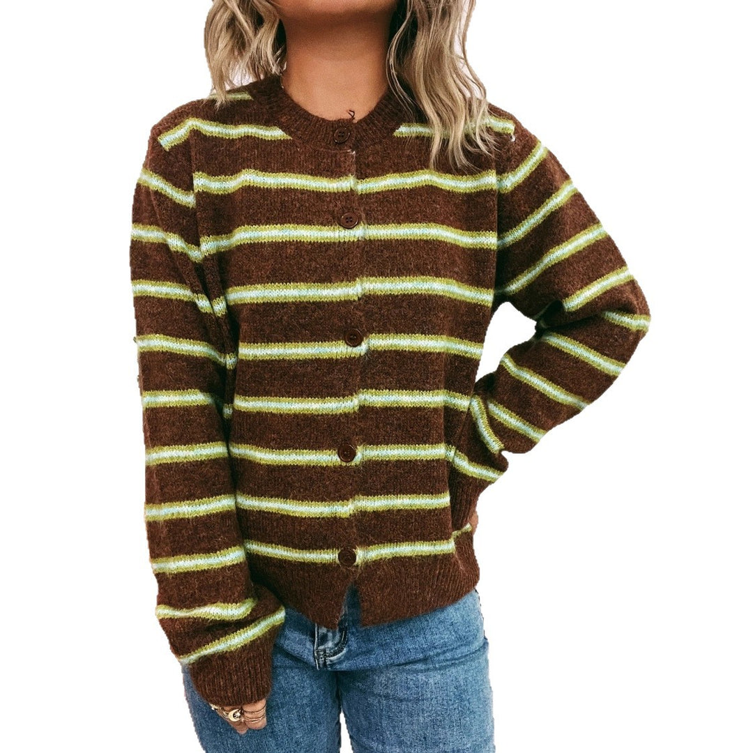 Damer långärmad stickad cardigan med moderiktigt randmönster Mirla-Eva Jonsson
