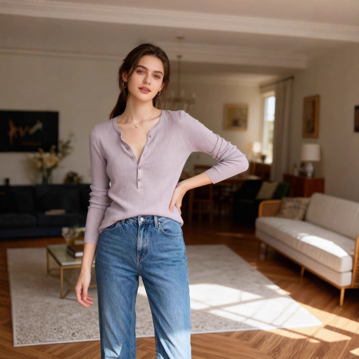 Damer långärmad tröja med knapplist och ribbad struktur Mirla-Eva Jonsson