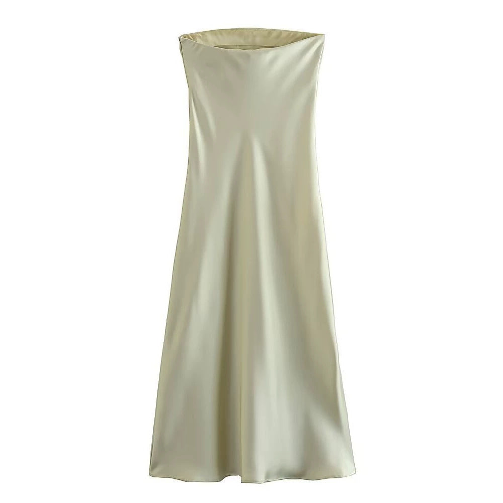 Damer långt aftonklänning i elegant satinlook med strapless design Mirla-Eva Jonsson
