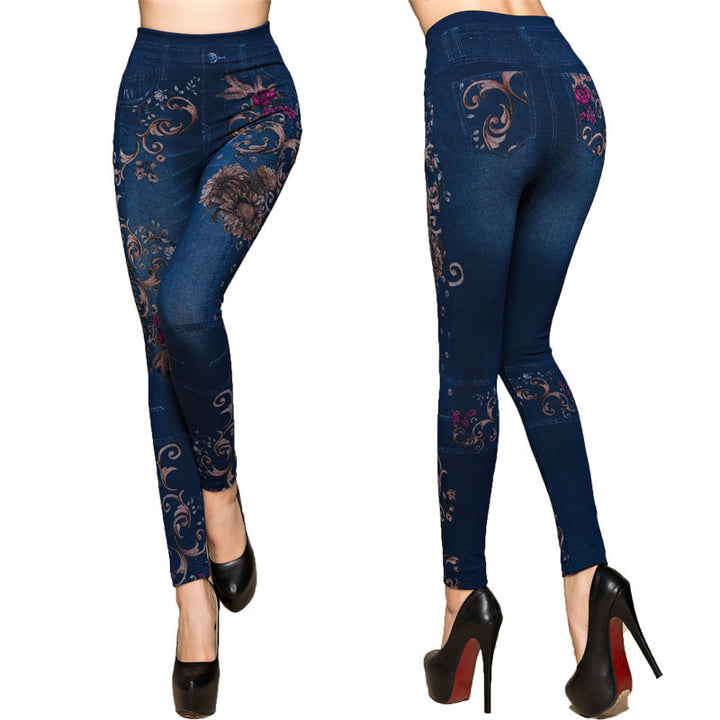 Damer leggings i floral denim-look med hög midja och figursydd snitt Mirla-Eva Jonsson