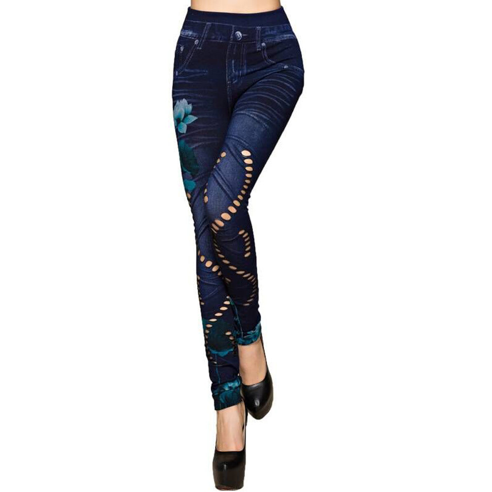Damer leggings i floral denim-look med hög midja och figursydd snitt Mirla-Eva Jonsson
