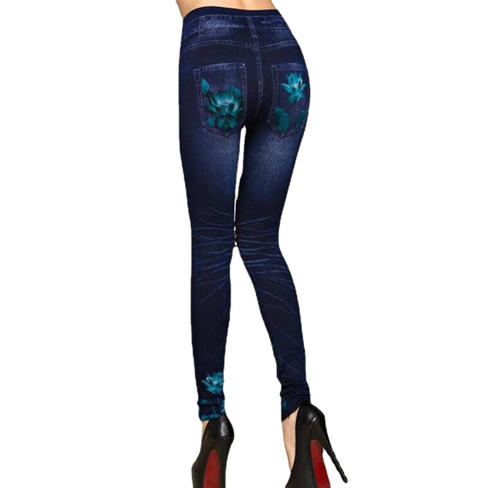 Damer leggings i floral denim-look med hög midja och figursydd snitt Mirla-Eva Jonsson
