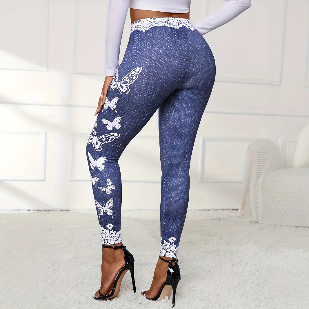 Damer leggings med blommig spetsmidja och fjärilsmotiv Mirla-Eva Jonsson