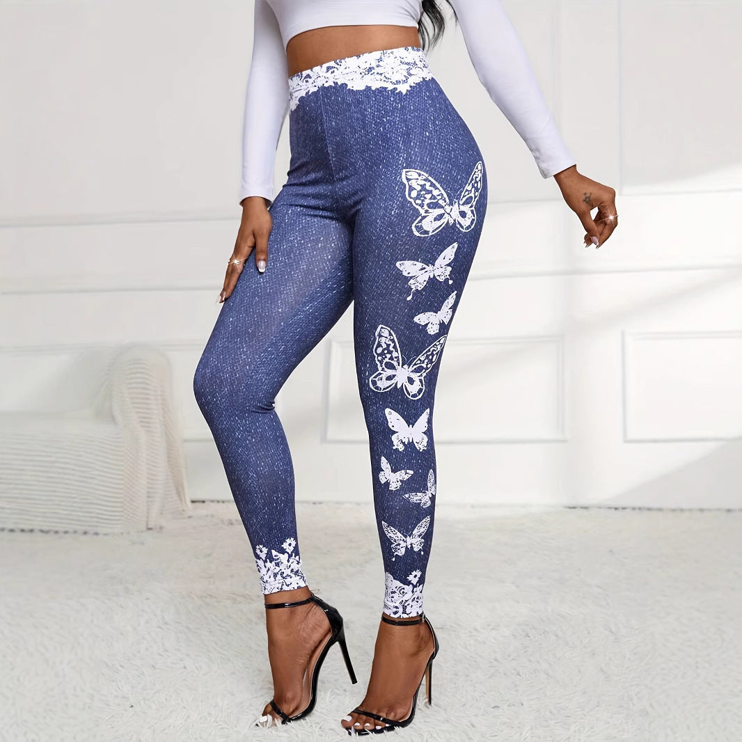 Damer leggings med blommig spetsmidja och fjärilsmotiv Mirla-Eva Jonsson
