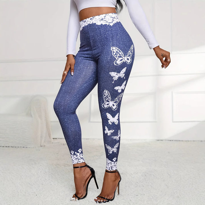 Damer leggings med blommig spetsmidja och fjärilsmotiv Mirla-Eva Jonsson