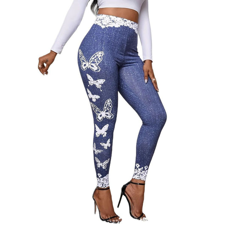 Damer leggings med blommig spetsmidja och fjärilsmotiv Mirla-Eva Jonsson